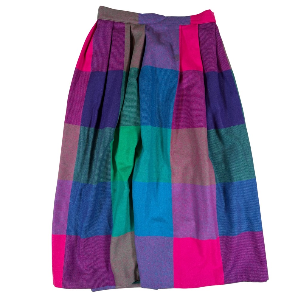 Vtg Colorblock ILGWU Plaid Pleat Midi Skirt Sm USA Made Retro Boho Bright Color